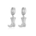 Detailed macro view of western cowboy boot hoop earrings with sparkling cubic zirconia - White Gold Zirconia Boot Earrings
