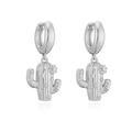 Close-up of silver cactus huggie earrings with white zircon accents and floral detail - White Gold Zirconia Cactus Earrings
