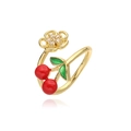 Detail of gold cherry and flower open ring with red oil drip and zircon inlay - Gold Petal Green Leaf Red Cherry Ring