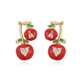 Golden cherry stud earrings with red enamel and sparkling heart-shaped zircon crystals - Gold Green Leaf Red Cherry Heart Stud Earrings