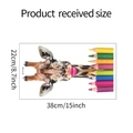 Detail view of colorful giraffe wall sticker with pencils and product dimensions 38x22cm - 22*38cm/HY-F100UV