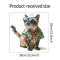 Detailed close-up of a cool cat sticker in tropical shirt with 39cm size markers - Sitting Cat In Blue Shirt (HY-F103) / Large