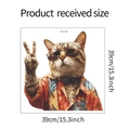 Detail showing cartoon cat wall sticker dimensions 39cm by 39cm with pilot glasses - V-Sign Cat In Orange Shirt (HY-F104) / Large