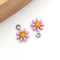 Pink daisy stainless steel charm for DIY jewelry with yellow enamel center and silver ring - Rose Red (Steel Color)