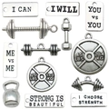 Antique silver fitness charms set with dumbbells barbells and motivational tags - Assorted Sports Equipment (SN64)