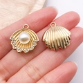 Golden shell charms with faux pearls and rhinestones for DIY jewelry making - Gold Rhinestone Pearl Shell / 20x20mm