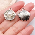 Silver alloy shell pendant charm with center pearl and sparkling rhinestone accents - White K Rhinestone Pearl Shell / 20x20mm