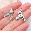 Silver mermaid tail alloy pendant with pearl and rhinestones for DIY jewelry making - White K Rhinestone Pearl Fish Tail / 22x16mm