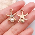 Golden starfish pendant with sparkling crystals and white pearl for DIY jewelry making - Gold Rhinestone Pearl Starfish / 21x16mm