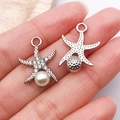 Silver starfish alloy pendant with white pearl and sparkling rhinestones for DIY jewelry - White K Rhinestone Pearl Starfish / 21x16mm