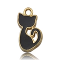 Detail of a golden cat charm with black enamel for DIY jewelry bracelets and necklaces - Black Sitting Cat Style (9942)