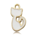 Detail view of a cat-shaped gold metal charm with white enamel for DIY jewelry making - White Sitting Cat Style (9944)