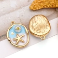 Golden sea shell pendant with light blue enamel, white faux pearl and starfish detail - Enamel Blue Starfish Pearl Style (T2525)
