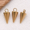 Three gold stainless steel cone pendants with jump rings on white textured background - Vacuum Plated Gold Small Hole Cone Pendant (T2969) / 6x10x6mm Hole 2.3mm