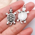 Silver alloy sea turtle charm with sparkling rhinestones for DIY jewelry making - White K Black Enamel Rhinestone Turtle / 29x17mm
