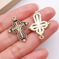 Golden vintage rhinestone cross charm with black enamel and textured back - Gold Black Enamel Hollow Cross (27041)
