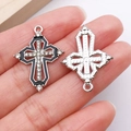 Silver alloy cross pendant with black enamel and sparkling rhinestones for DIY jewelry - Silver Black Enamel Hollow Cross (27040)