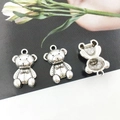 Three antique silver teddy bear charms with bow details and hollow grid back for DIY jewelry - Bear 11x17mm (13903)