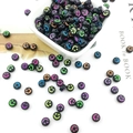 Set of black acrylic round beads with colorful engraved smiley faces for DIY jewelry making - 6mm Black Base Multicolor Smiley Concave