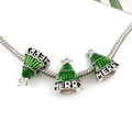 Christmas tree charm bead with green enamel and MERRY engraving on a silver snake chain - Christmas Tree Large Hole Bead (14101)