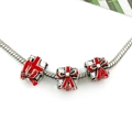 Silver snake chain bracelet featuring three festive red enamel gift box charms - Christmas Gift Box Large Hole Bead (14110)