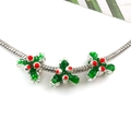 Silver charm bracelet featuring holly leaf pendants with green and red enamel accents - Wreath Large Hole Bead (14112)