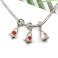 Silver charm bracelet featuring three bells with red and white snowflake patterns - Bell Large Hole Bead (14114)
