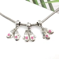 Silver snake chain bracelet with pink enamel heart-shaped gloves and Fashion engraving - Glove Large Hole Bead (14115)