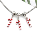 Silver snake chain bracelet featuring three festive red and white candy cane charms - Christmas Candy Large Hole Bead (14117)