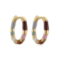 French vintage bamboo-textured gold hoop earrings with multi-colored enamel glaze - 1 Pair of Earrings / Brown Multicolor