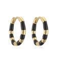 Detailed close-up of gold-plated bamboo hoop earrings with black enamel sectional design - 1 Pair of Earrings / Black Earrings