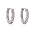 Close-up of silver huggie hoop earrings featuring a row of inlaid pink cubic zirconia - Silver Pink Rhinestone