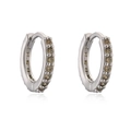 Close-up of silver hoop earrings with a vertical row of round-cut brown zircons - Silver Tone Olive Green Rhinestone