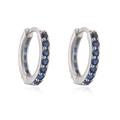 Close-up of silver hoop earrings with deep blue zircons and spring clasp detail - Silver Blue Rhinestone