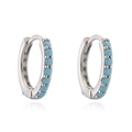 Detail of silver earrings featuring track-set round sky blue stones in a 12mm hoop design - Silver Tone Turquoise Style