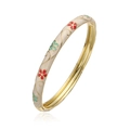 Brazalete esmaltado beige retro con motivos florales de colores y detalles dorados vintage - Brazalete de Flor de Cinco Pétalos Dorado Rojo y Verde