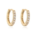 Detail view of gold huggie hoop earrings featuring a row of sparkling white zircons - Gold White Rhinestone