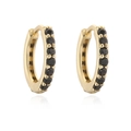 Macro detail of gold hoop earrings with row of micro-paved black zircon gemstones - Gold Tone Black Rhinestone