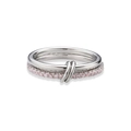 Detail view of double-layered silver ring featuring pink pavé set crystals and link connector - Silver Pink Zirconia