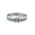 Macro view of interlocking silver rings with emerald green zircon paving and dual-band style - Size 6 / Platinum Green Zirconia