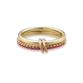 Detail of 18K gold double ring featuring interlaced bands and pink pavé set stones - Gold Plated Rose Red Zirconia