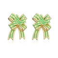 Detail of gold bow earrings with green striped enamel work on white background - Gold Green Bowknot