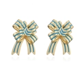 Sweet light blue enamel bow stud earrings in gold metal with striped pattern detail - Gold Blue Bowknot