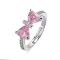 Detail of adjustable silver bow ring with pink triangle crystals and tiny pavé diamonds - Silver Pink Zirconia