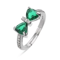 Macro detail of silver adjustable ring featuring a green zircon bow with tiny white stones - Platinum Green Zirconia
