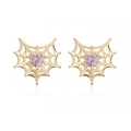 Detalle de pendientes de telaraña dorada con circonita púrpura en forma de corazón - Marco Dorado con Circón Púrpura