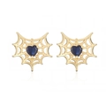 Detalle de pendientes de telaraña dorados con piedras azules de corazón para Halloween - Marco Dorado con Circón Azul