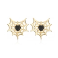 Detalle de pendientes de telaraña dorada con piedra de circón negro en forma de corazón - Marco Dorado con Circón Negro