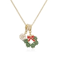 Collier de Noël avec couronne en émail vert et nœud rouge sur une chaîne dorée - Collier Flocon de Neige de Noël Couronne Dorée