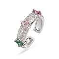 Detailed macro view of adjustable silver clover ring with pink and purple crystals - Silver Multi-color Zirconia Clover Ring